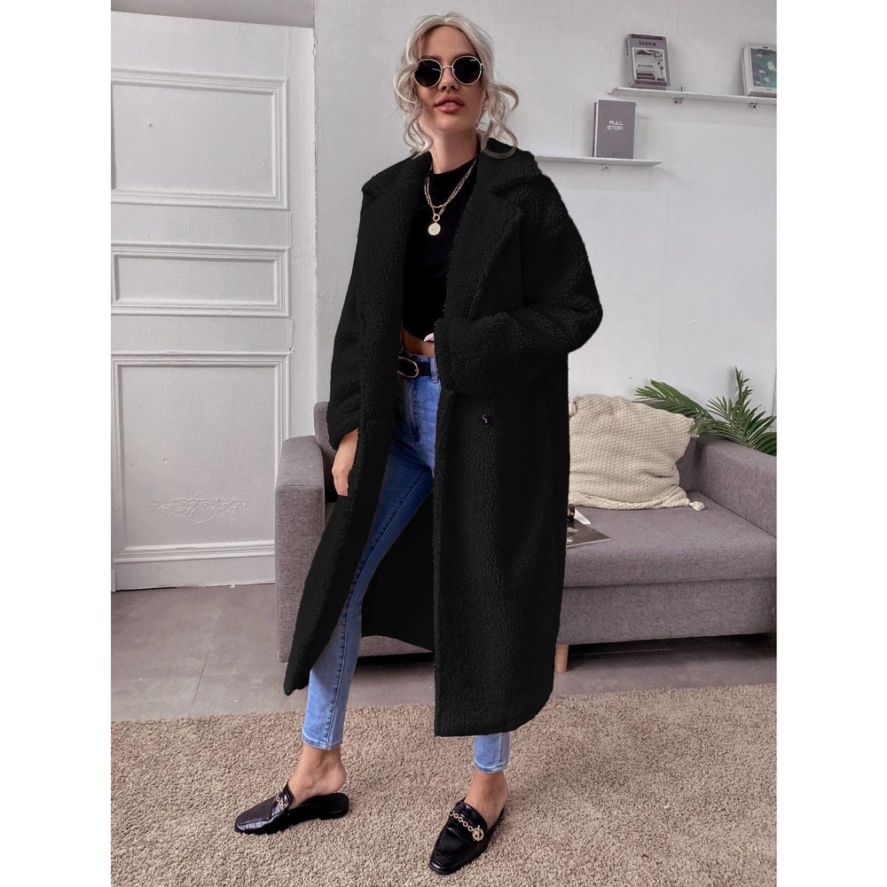 Double Button Teddy Coat Long Trench Coat Fuzzy Fluffy faux fur white cream - Picture 6 of 8
